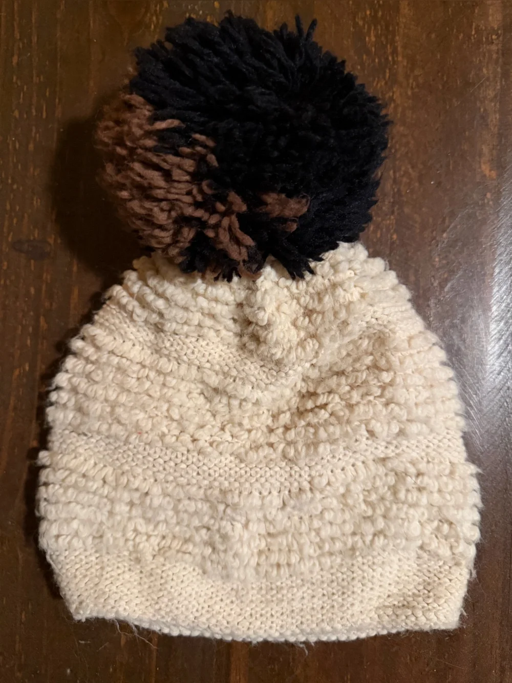 VTG Textured Cream Knit Pom Beanie with Earthy Two-Tone Pom